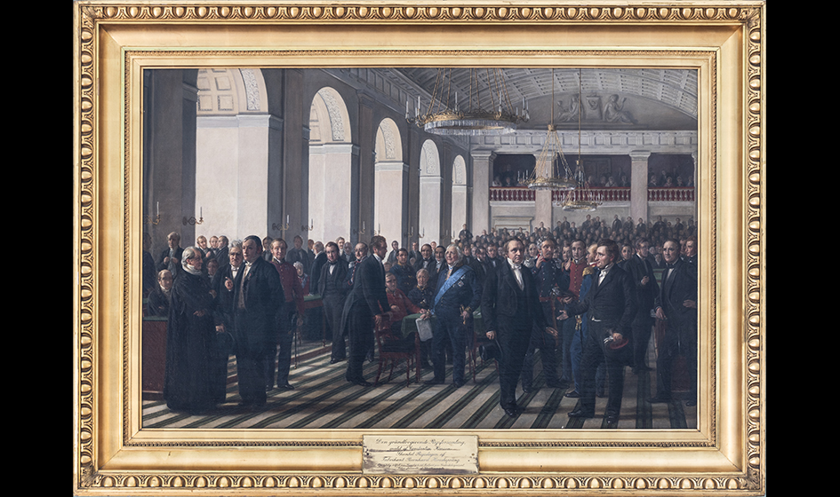 Den Grundlovgivende Rigsforsamling var en forsamling på ca. 150 mænd, som diskuterede og udformede Danmarks første grundlov, Junigrundloven, som trådte i kraft den 5. juni 1849. Maleriet blev i 1860 bestilt af en privat storkøbmand, Alfred Hage, og blev udført af kunstneren Constantin Hansen i perioden 1869-94. Det er den fjerde skitse af maleriet, der hænger i Samtaleværelset i Folketinget. 
